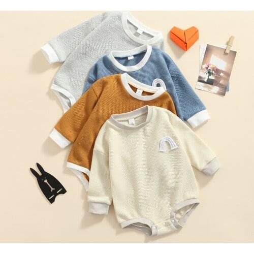 Autumn Newborn Baby Color Block Ribbed Playsuit Toddler Jumpsuit Infant Casual Rainbow Pattern Long Sleeve Round Neck Romper