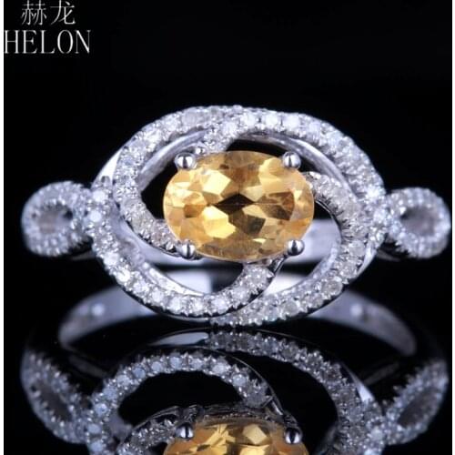 HELON Solid 14K White Gold Flawless Oval Cut 7x5mm Genuine Citrine Diamonds Wedding Ring Women Gemstone Unique Fine Jewelry