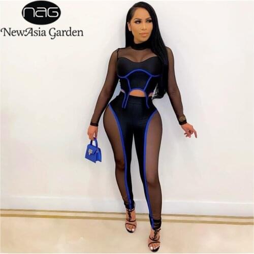 NewAsia 2 Piece Pants Sets Mesh See Through Patchwork Long Sleeve Crop Top Elastic Waist Pants Suits Cut out Slim Fit Party Wear
