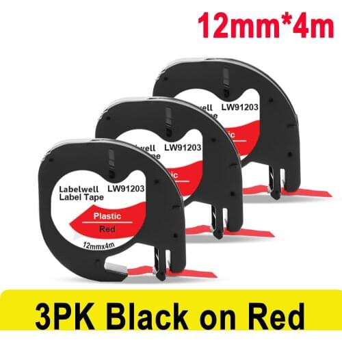 Labelwell 12mm LT 91203 Black on Red Plastic Label Tape 91223 91333 Compatible for DYMO Letratag Label Printers LT-100H LT-100T
