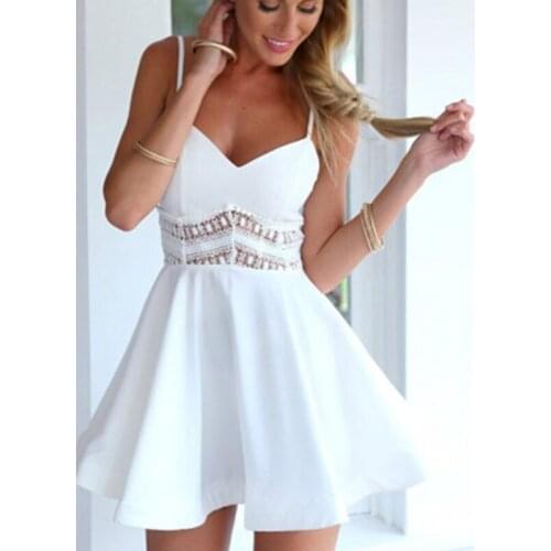Summer Women Dress Fashion Slim A-Line Dress Sexy V-Neck Sleeveless Lace Stitching Sling Dress Elegant Women Dress Vestidos