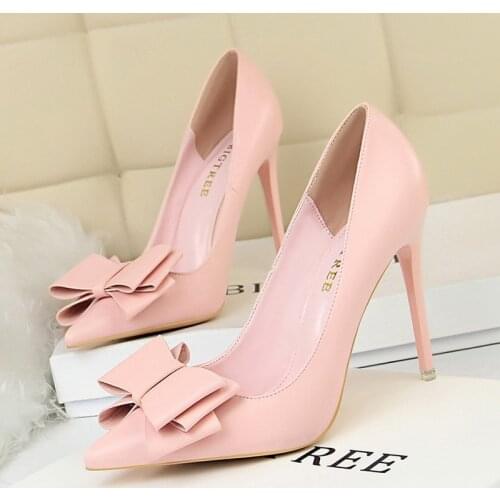Sweet Pumps Womens Shoes On Heels 10.5cm Bowknot High Heel Shoes For Women Party Shoes Ladies Pumps Pointed Toe Female Stiletto