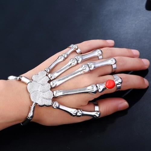 Fashion Skeleton Skull protection Bone Hand Fingers Ring Bracelet Punk Faux Ruby Halloween Party Bangle adjustable bracelet Ring