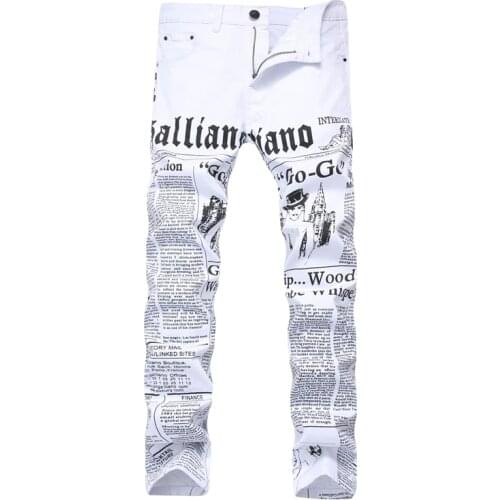 New Dropshipping Men Jeans Slim Fit Biker White Jeans Trousers Skinny Jeans Punk Letter Printing Denim Pants Plus Size