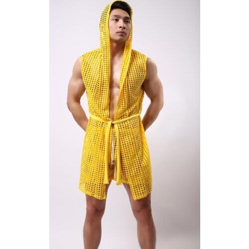 Male bathrobe summer elastic nylon mesh robe men with a hood bathrobe robe sexy sleepwear men