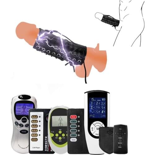 Electro PU Leather Penis Ring Electric Shock Host and Cable Electro Shock Adult Sex Toy Electro Stimulation Penis Sleeve For Men
