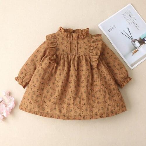New Spring Fall Sweet Baby Girl Dress Floral Print Ruffles Long Lantern Sleeve Princess Dress Bohemian Baby Girl Clothes 0-18M
