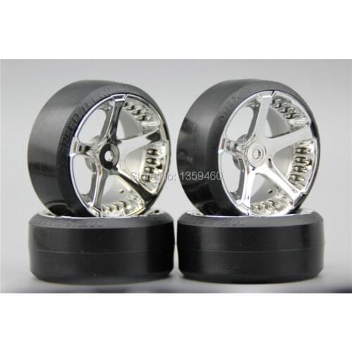 Pre-Glued 4pcs RC CS-R Drift Tires Tyre Wheel W5S5C 3mm offset (Chrome) With Silencing Sponge For 1/10 drift Car