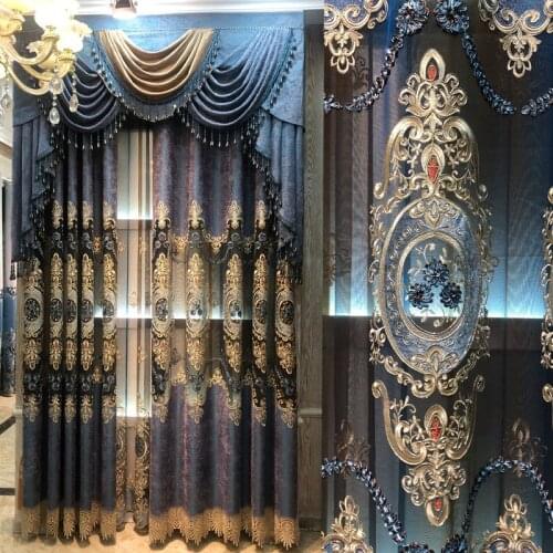 European-style Luxury Embossed Embroidered Gradient Curtains for Living Room Bedroom Study Balcony Blackout Curtains
