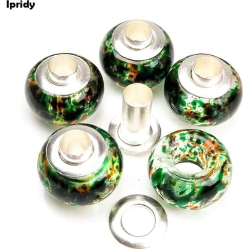 20PCS/lot 14mm Transparent Effect Greeg+Sun European Large Hole Glass Beads with Silver Brass Pipe Core fit Diy Charm Bracelet