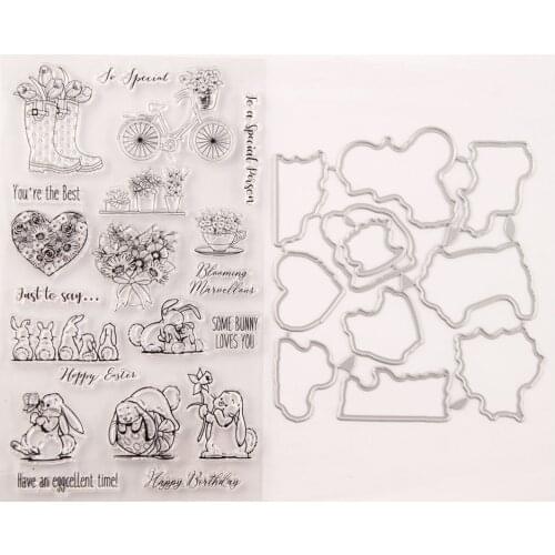 Rabbit Vase Flower Stamp and Dies Transparent Clear Silicone Stamp Cutting Die Set for DIY Scrapbooking Photo Decorative