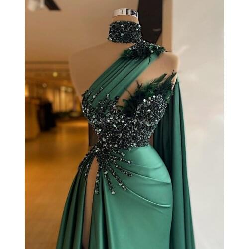 Green Mermaid Long Evening Dresses 2021 Exquisite Pleated Heavy Beaded Top Sleeveless Sexy High Slit Front Women Formal Gowns