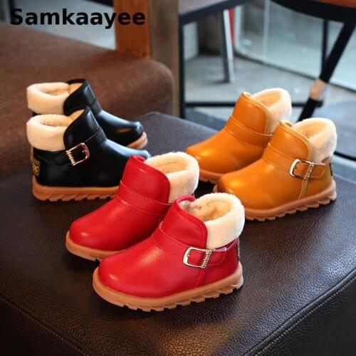 2-18Y Children Boots Winter Boys Girls Martin Boats PU Leather Ankle Cotton Sonw Shoes Buckle Strap Solid Waterproof Sneakers 28