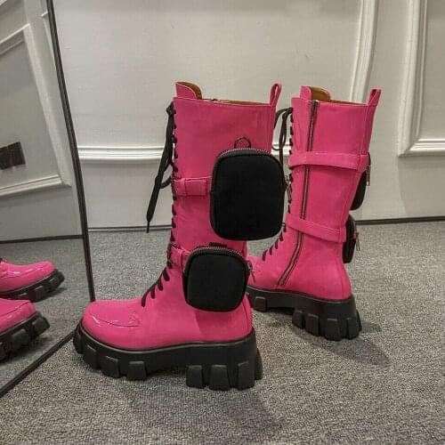 New Red Pink Fashion Autumn Round Toe Red Design Shoes Woman Mid-Calf Leather Chunky Sole Long Pocket Motorcycle Boots size34-43