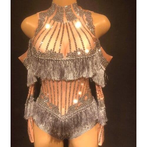 Women Sparkly Tassel Bodysuit Tassel Rhinestone Stage Dance ClubWear Party Sexy Costume Stage Celebrate Womens Leotard Outfit