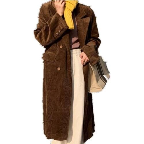New OL Fashion Autumn Corduroy Long Trench Coat Double-breasted Windbreaker Women Solid Overcoat Spring