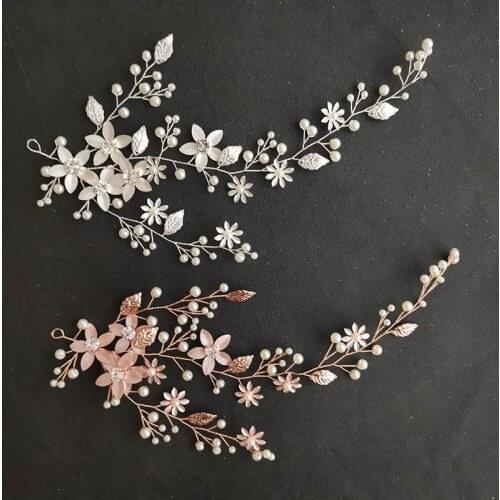 SLBRIDAL Handmade 3 Colors Alloy Flower Leaf Pearls Bridal Headband Hair Vine Wedding Hair accessories Women Girls Hair Jewelry