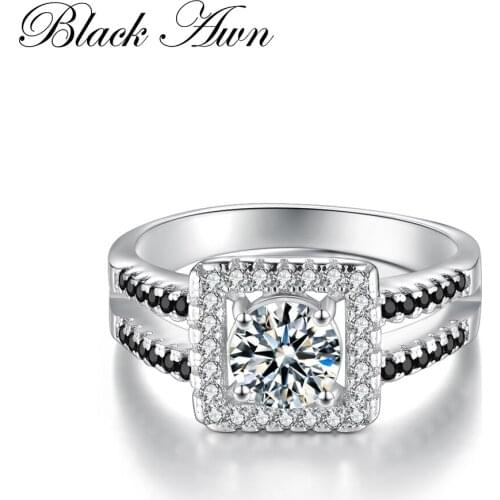 Fashion Genuine 925 Sterling Silver Jewelry Square Engagement Rings for Women Black&White Stone Bague Femme Ring Bijoux C215