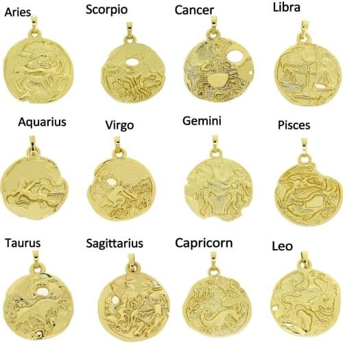2021 Gold plated Copper Zircon 12 Constellation Zodiac Charms for Jewelry Making Bulk Gold Diy Earring Necklace Accessories