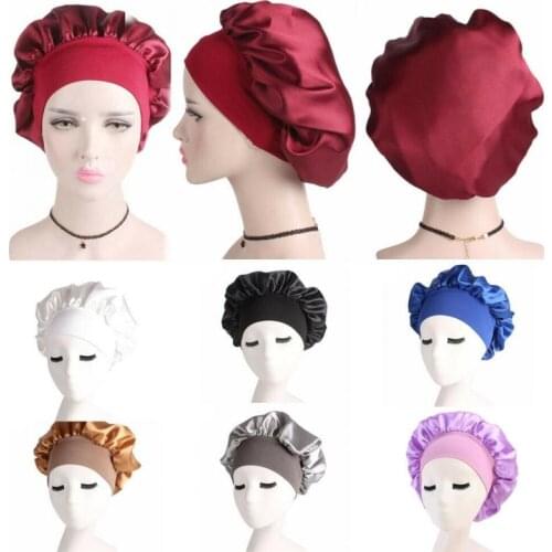 58cm Solid Color Long Hair Care Women Soft Satin Silk Sleeping Cap Night Sleep Hair Care Scarves Bonnet Adjust Shower Caps 1pcs