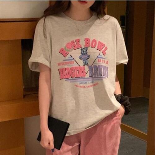 Korean Style Tshirt Women Letter Print Short Sleeve Round Neck Women Tops Casual Slim Fit Woman Tshirts
