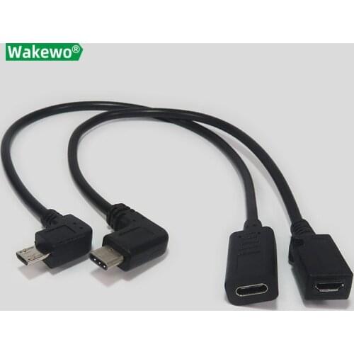 WAKEWO Type-C Female to Elbow micro-USB Cable bending connector 90 right angle cord 30cm crooked bent Line
