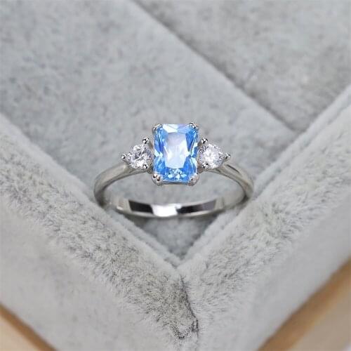 Best selling European and American S925 silver fashion luxury wedding ring square zircon light blue crystal jewelry womens gift