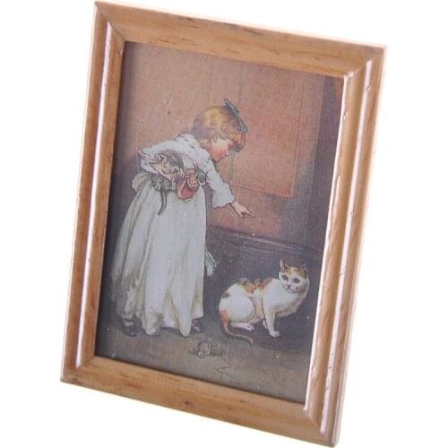 1PC Mini Retro Photo Frame Image Wooden Doll House Picture Wall Painting 1:12 Dollhouse Miniatures Furniture Toy