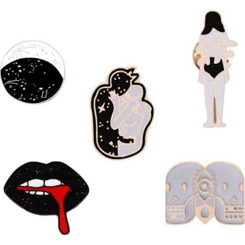 Black White Enamel Brooch Lovers Kiss Moon Phase Lips Skeleton Metal Badge Pins Women Men Denim Jackets Lapel Pins Jewelry Gift