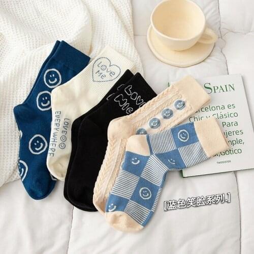 Socks with Print Women Middle Tube Autumn and Winter Smiley Face Love Cotton Preppy Style Blue Japanese Kawaii Cute Sock Woman