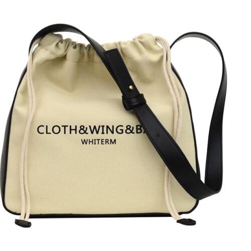 2021 New Women Canvas Shoulder Bag Leather Cotton Patchwork Design Bucket Bags Drawstring Handbag Tote Cloth Purse For Girls