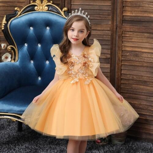 Summer Dress Girls Clothes Performance Party Carnival Christmas Dress Little Princess with Embroidered Applique and Lotus Leaf