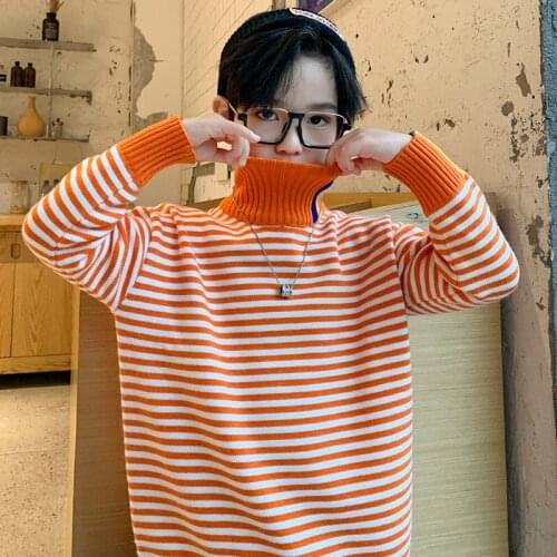 Boys Pullover Knitted Sweater Children Black Orange Striped Sweater Children Winter Clothing New Cotton Turtleneck Warm Tops