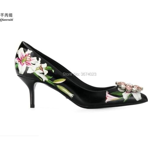 Qianruiti Crystal Flower Pumps Fashion Brand Lily Print High Heels Ladies Party Shoes Pointed Toe Floral Heels Wedding Shoes