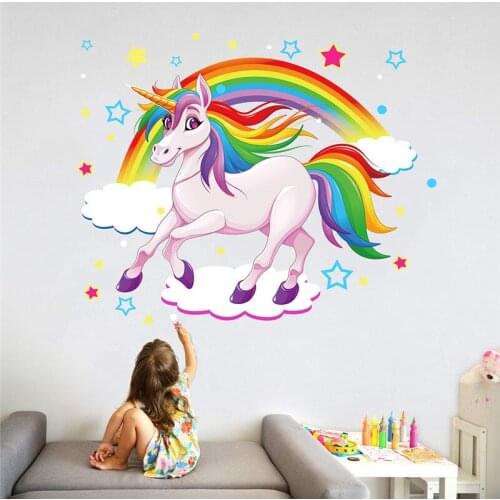 Rainbow & Unicorn Running On Clouds Wall stickers Room Decoration Art Vinyls Decals Children Kids Living Room Bedroom Home Mural
