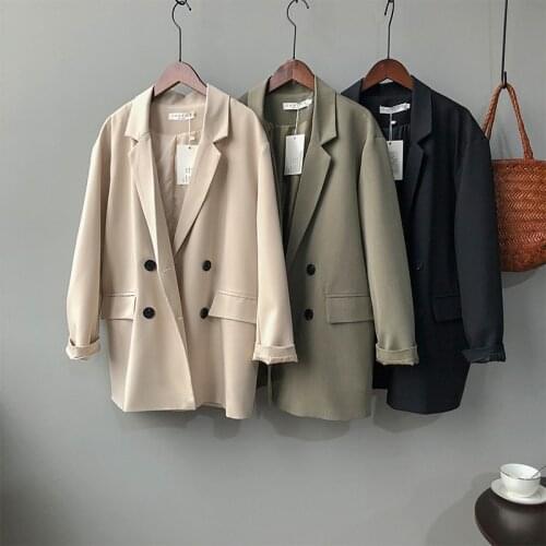 Female Double-breasted Casual New Blazer With Pocket 2021 Spring Autumn Notched Solid Loose Suit Jacket For Women куртка женская