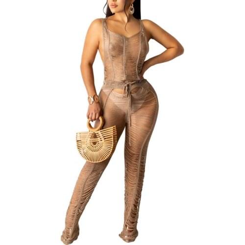 2021 Sexy Beach Jumpsuit Solid Color Hollow Out Summer Knitted Sleeveless See Through Jumpsuit Beachwear for Summer Holiday