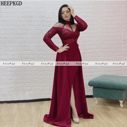 Wine Red Long Evening Dress With Sleeves Sheer Sequin Mermaid Arabic Prom Gown Customize Women Formal Occasion Party Dresses