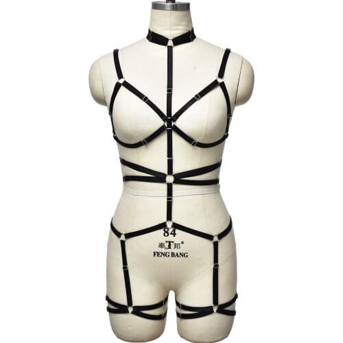 Hollow Body Harness Set Black Rave Wear Bondage Sexy Lingerie Harajuku Body Cage Open Chest Bra Adjustable Harness Garter Belt