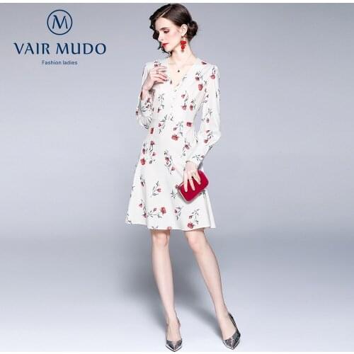 The New Ladies' Temperament V-Neck Dress Lantern Sleeves Printed Waist Dress With High Western Style Puff Sleeve Elegant Y-168