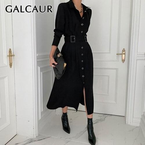 GALCAUR Vintage Single Breasted Dress For Women Lapel Collar Long Sleeve High Waist Midi Dresses Female Korean Fashion Clothing
