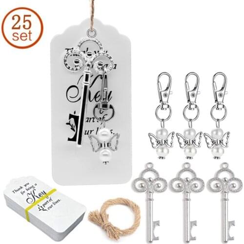25pcs/set Key Bottle Opener Angel Wings Keychain with Tags Wedding Party Favor Souvenirs Gifts for Guest
