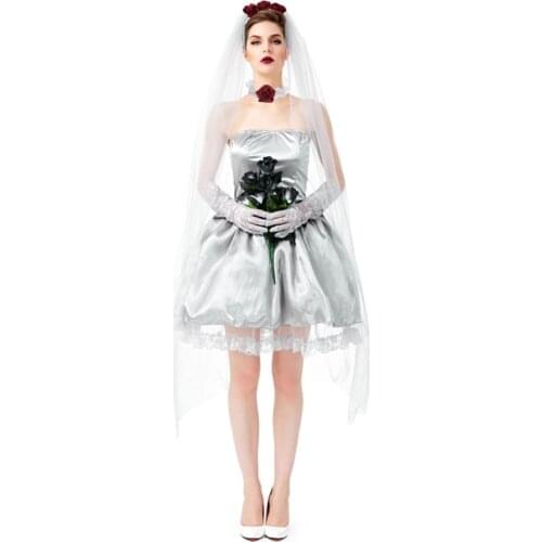 Women Halloween Ghost Bride Cosplay Silver Gray Strapless Puffy Dress Outfits