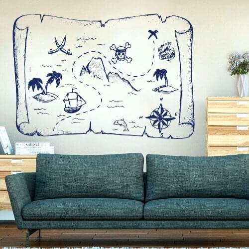 Large Pirate Ship And Treasure Map Wall Sticker Classroom Kids Room Cartoon Pirate Map Wall Decal Nursery Vinyl Home Decor