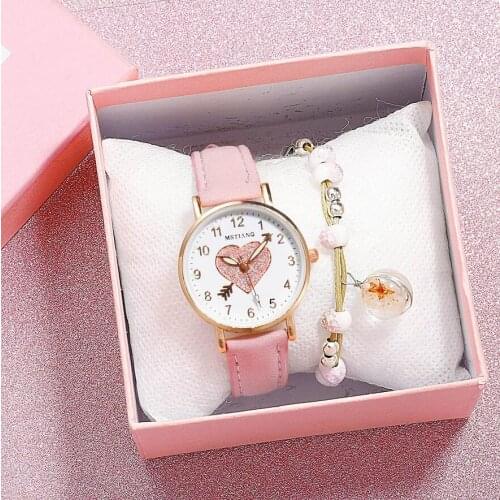 Fashion Women Watches Heart-shaped Children students Bracelet Set Watch Casual Leather Quartz Wristwatch Clock Relogio Feminino