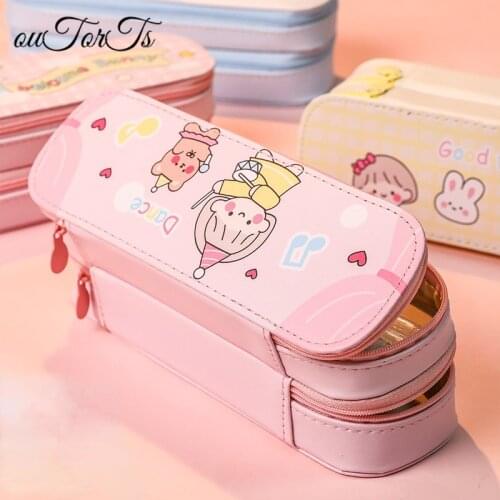 Candy Color Pencil Case 2 Layers Pen Box Fruit Cartoon Pencil Bag Cute Stationery Organizer Pouch Gift Box for School Girl Case