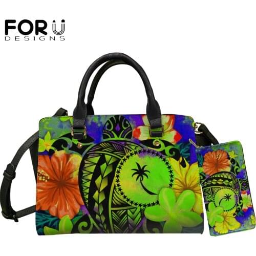FORUDESIGNS Chuuk Polynesian Plumeria Turtle Prints Luxury Women Totes Bags 2pcs Set Luxury Female Shoulder Sac Pu Leather Purse