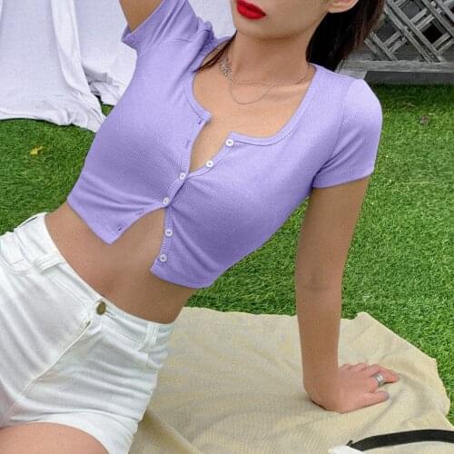 Summer Casual Women Solid T-shirt Cropped Tops Short Sleeve O-Neck Buttons Tees Streetwear Girl Tops Fashion Ribbed T-shirt