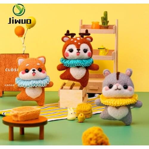 Jiwuo Wool Felt Animal Hamster Shiba Inu Rabbit Bear Pig Deer Alpaca Needle Felt Kit Package Non Finished DIY Handmade Doll Toy