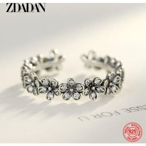 ZDADAN 925 Sterling Silver Thai Silver Open CZ Flower Ring For Women Fashion Engagement Party Jewelry Accessories